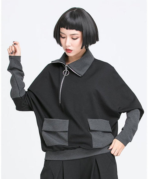 Contrast Panel Zip Collar Pullover